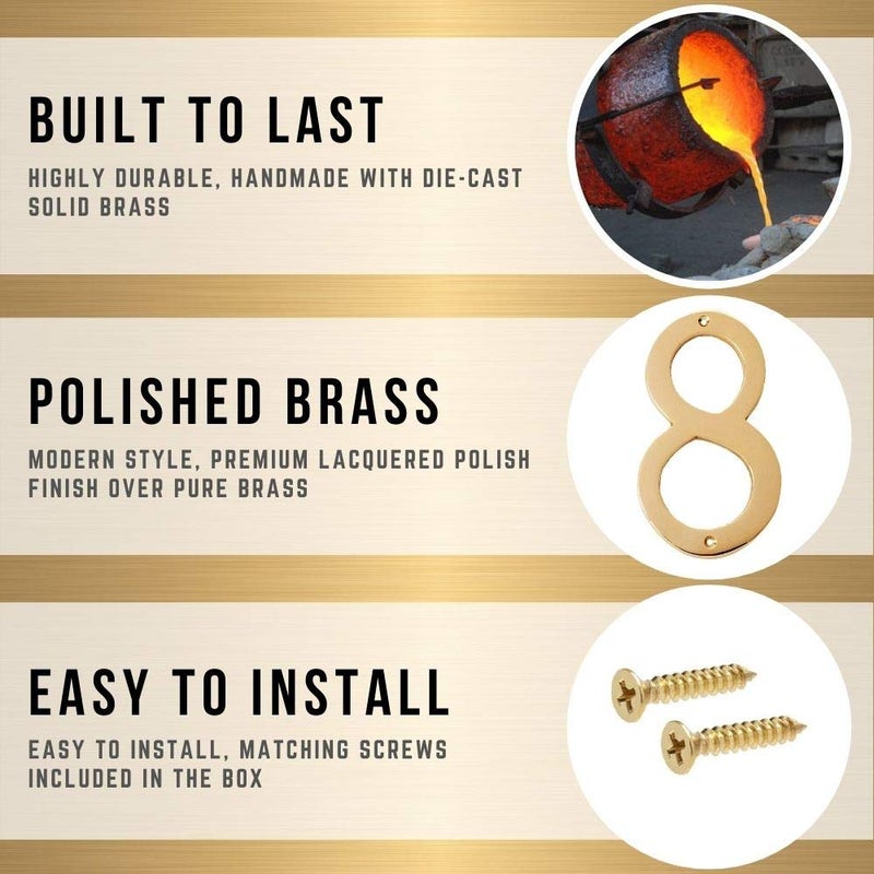 A10SHOP Motif 4-Inch Solid Brass Lacquered Polished Mailbox Numbers modern house numbers for outside House Numbers Address Sign For Door, Outdoor Decor, Home Address Numbers (Number 8) - Image 3